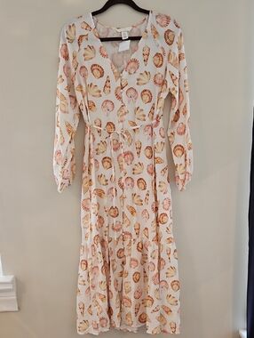 H&M White Seashell Print Long Sleeve Midi Dress, Size XS